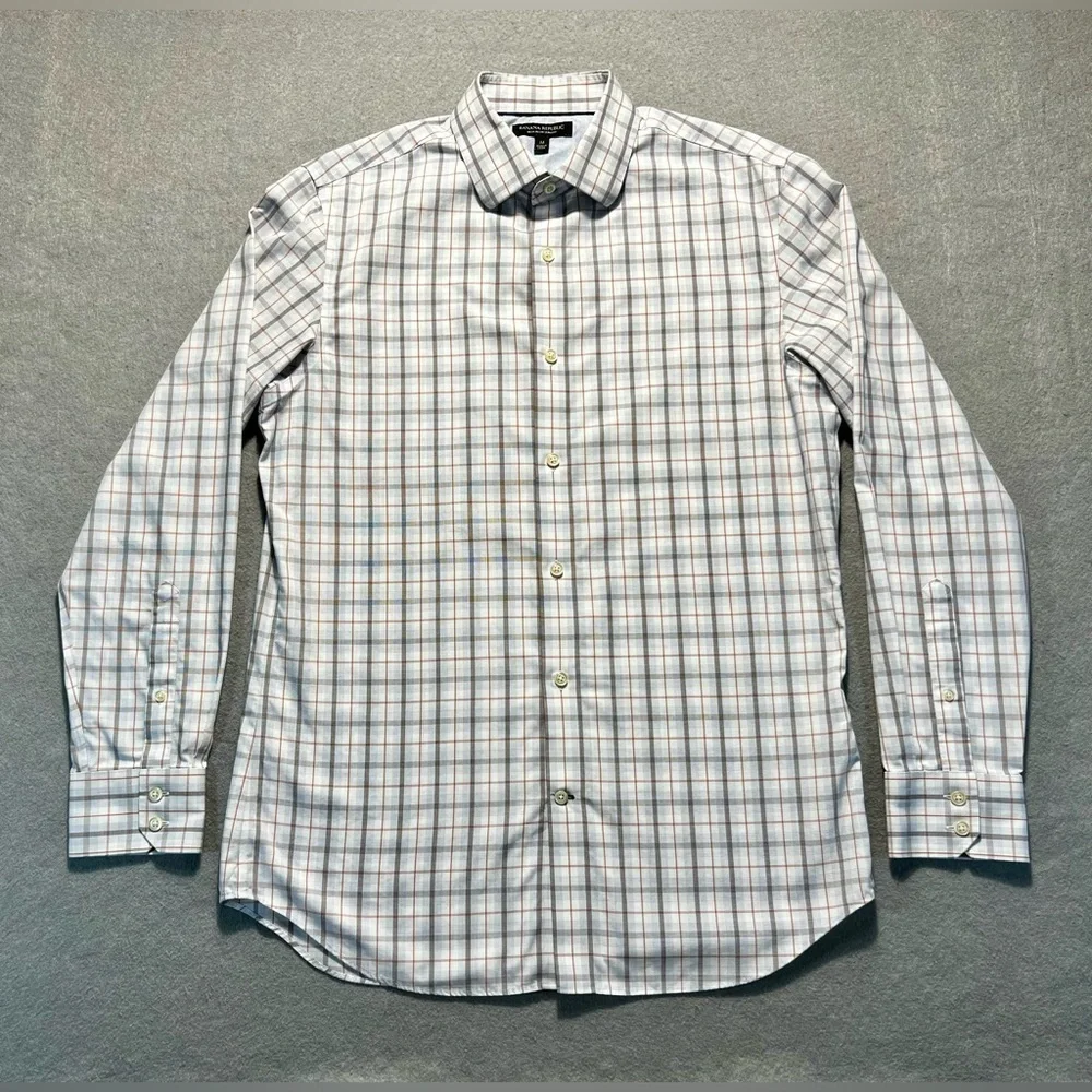 Banana Republic Men’s Medium Slim Fit Plaid Button-Up Shirt White Gray Non-Iron